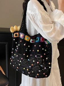 Black hand-woven sunflower tote bag with colorful pearl beads for summer style
