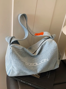 Borsa a Tracolla in Denim da Donna Grande Capacità Minimalista Giapponese Casual Tote Bag con Stampa Lettere ed Etichetta a Contrasto