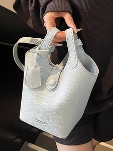 Minimalist light blue litchi pattern bucket bag with double handles for daily work