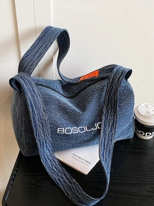 Grande borsa tote in denim indaco con logo BOSOLJC per il tempo libero e i viaggi