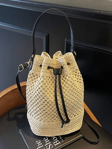 Women Fashion Hollow Woven Straw Bucket Bag Vacation Mori Natural Style Handheld Shoulder Crossbody Drawstring Bag For Beach Summer