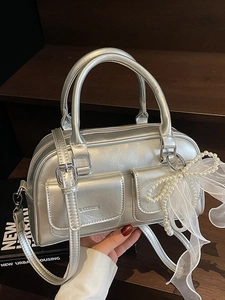 Women Fashion Boston Bag Synthetic Leather Crossbody Bag With Artificial Pearl Mesh Bow Charm Commute Handbag Shoulder Bag