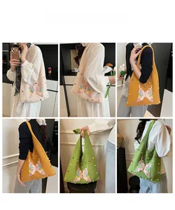 Detailed shots of colorful beaded butterfly knit tote bags in pink, yellow and green