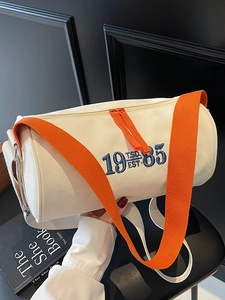 Women Retro Canvas Boston Cylinder Crossbody Bag Casual Embroidered Contrast Strap Travel Gym Tote Shoulder Bag