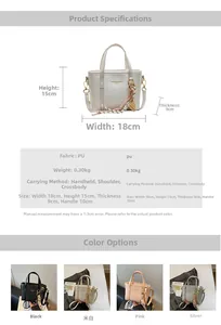 Size guide for PU bucket bag showing dimensions 18x15x9 cm and four color options