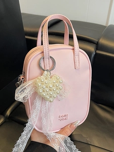 Borsa per Cellulare in Pelle PU alla Moda per Donna Dolce Colore Macaron Borsa a Tracolla Con Pendente in Pizzo Cuore di Perla Artificial per Ufficio Pendolare Quotidiano