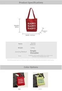 Size chart for large canvas tote bag showing dimensions and happy letter print details