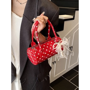 Women Polka Dot Barrel Bag Sweet Lace Bow Artificial Pearl Pendant Shiny PU Leather Shoulder Bag Small Crossbody Handbag Korean Style