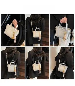 Chic bucket bag with pink tassel detail and leather texture shown in multi-angle lifestyle views
