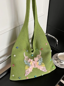 Women Handmade Woven Shoulder Bag With 3D Butterfly Applique Colorful Artificial Pearl Beads Lightweight Knitted Tote Bag For Seaside Vacation Daily Matching
