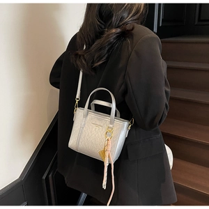 Silver bucket bag with metallic pearl texture shown in a stylish back view street style