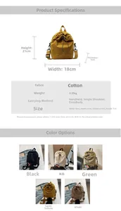 Detailed dimension guide showing sizes and color options for drawstring canvas bucket bags