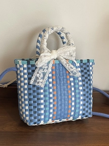 Sac Panier De Légumes Tissé À La Main Pour Femmes Couleur Contrastée Sac Bandoulière Pastoral Avec Nœud En Dentelle Petit Sac De Plage