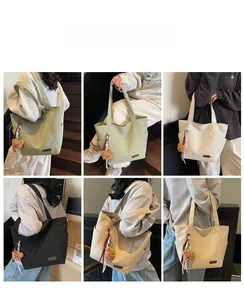 Collage showing various colors of large canvas tote bags with cute brown bear pendants