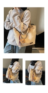 Close-up of beige minimalist tote bag with plush bear charm and side pocket details