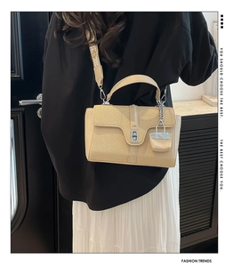 Details beige gewebte quadratische Handtasche mit Silberverschluss und breitem Ethno-Gurt