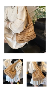 Detail of hollow-out honeycomb pattern on beige crochet straw tote beach bag