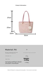 Detailed size chart for pink PU leather tote bag showing specific dimensions and handle height