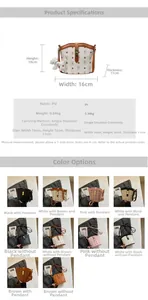 Detailed size chart and multi-color options for bear print PU leather bucket bag
