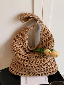 Handmade Straw Woven Tote Bag For Women Summer Hollow Out Beach Vacation Shoulder Handbag Lightweight Natural Material
