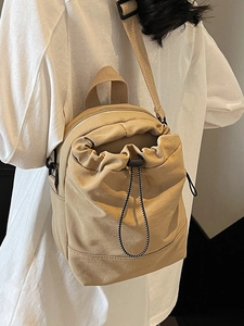 Japanese style khaki canvas drawstring shoulder bag for outdoor casual commuting