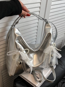 Chic silver metallic balletcore tote bag with pearls, lace bows and heart charms