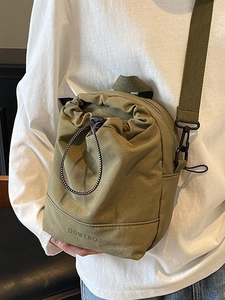 Japanese style trendy drawstring shoulder bag in army green nylon for outdoor leisure