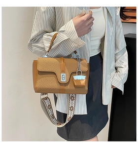 Detail der braunen Web-Handtasche mit silbernem Verschluss und breitem Schultergurt