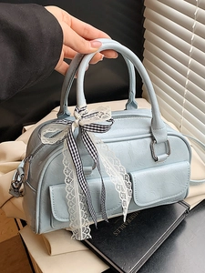 Sac Boston Femme en Cuir PU avec Nœud en Dentelle et Ruban à Carreaux Sac Bandoulière pour le Quotidien Sac à Main Polyvalent