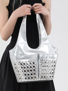 Silver metallic punk tote bag with studded rivet details and double front pockets