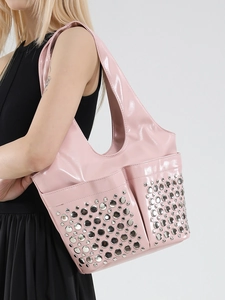 Chic punk style bright pink patent leather hobo tote bag with silver studded pocket details