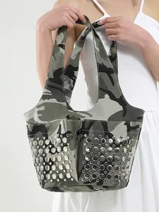 Punk style camo canvas tote bag with metal studs and double handles for women