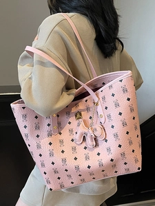 Pink large capacity faux leather tote bag with bear print and cute dog charm pendant