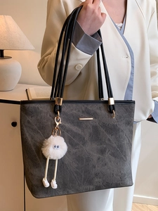 Grey marble texture large tote bag with shoulder straps and plush charm for women