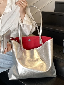 Silver metallic leather large tote bag with red lining and matching small pouch