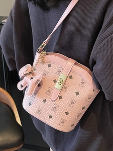 Pink bucket crossbody bag with cute bear print and diamond pattern for women