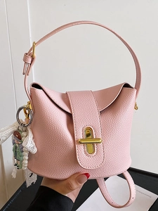 Women's Lychee Pattern PU Leather Bucket Bag Gold Metal Twist Lock Lace Artificial Pearl Pendant Crossbody Shoulder Handbag For Ladies