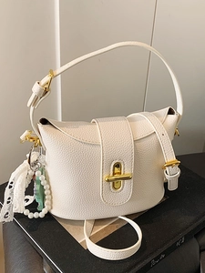White litchi pattern bucket bag with pearl lace charm and gold twist lock