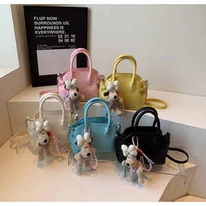 Litchi pattern mini shell bags in five colors with cute plush puppy charms