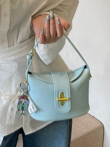 Chic light blue lychee pattern bucket bag with golden lock and sweet lace bow accessory