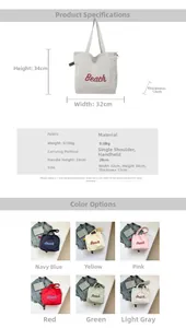 Detailed chart showing canvas tote bag dimensions and available six color options