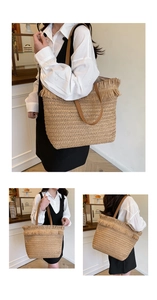 Detail shots of large straw beach tote bag featuring trendy fringe and leather handles