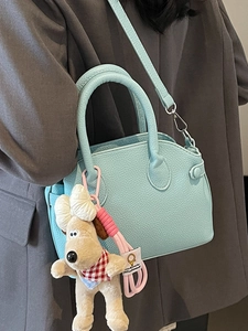 Chic light blue lychee pattern shell bag with cute plush puppy charm and crossbody strap