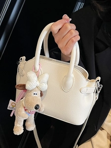 White lychee pattern leather shell bag with cute plush puppy charm for women