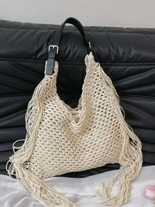 Women's Bohemian Hollow Woven Tote Bag With Tassels Handcrafted Shoulder Beach Bag For Summer Vacation Daily Casual Use