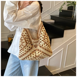 Sac fourre-tout tissé ajouré style bohème en beige avec bandoulière grande capacité