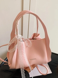 Women Korean Urban Simple PU Leather Bucket Bag With Lace Bow Lychee Grain Versatile Handbag Crossbody Bag Shoulder Bag