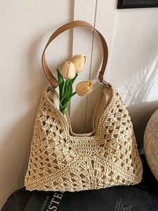 Sac Cabas Tissé en Paille à la Main Ajouré Couleur Contrastée Sac à Bandoulière de Plage Grande Capacité Vacances Sac à Main Femme
