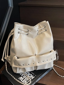 Women Korean Moto Style Drawstring Bucket Backpack PU Leather Fashion Silver Rivet Chain Shoulder Bag Commuting Large Bag