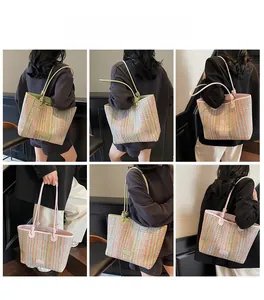Detailed views of a large woven straw tote bag with colorful stripes and twin handles
